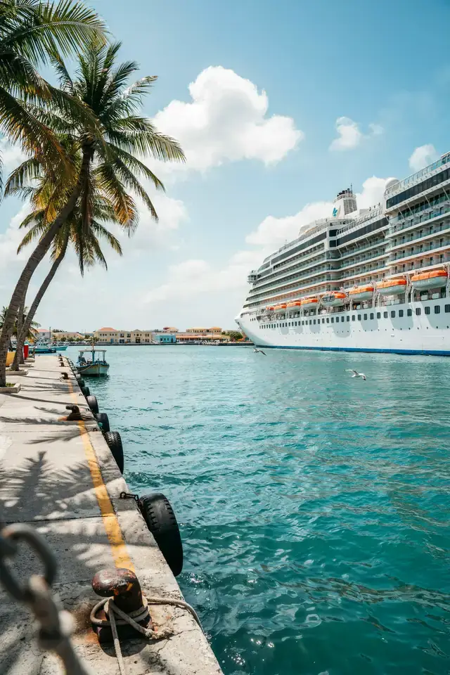 Cruise ship docked at Aruba's harbour with turquoise water under a sunny sky
