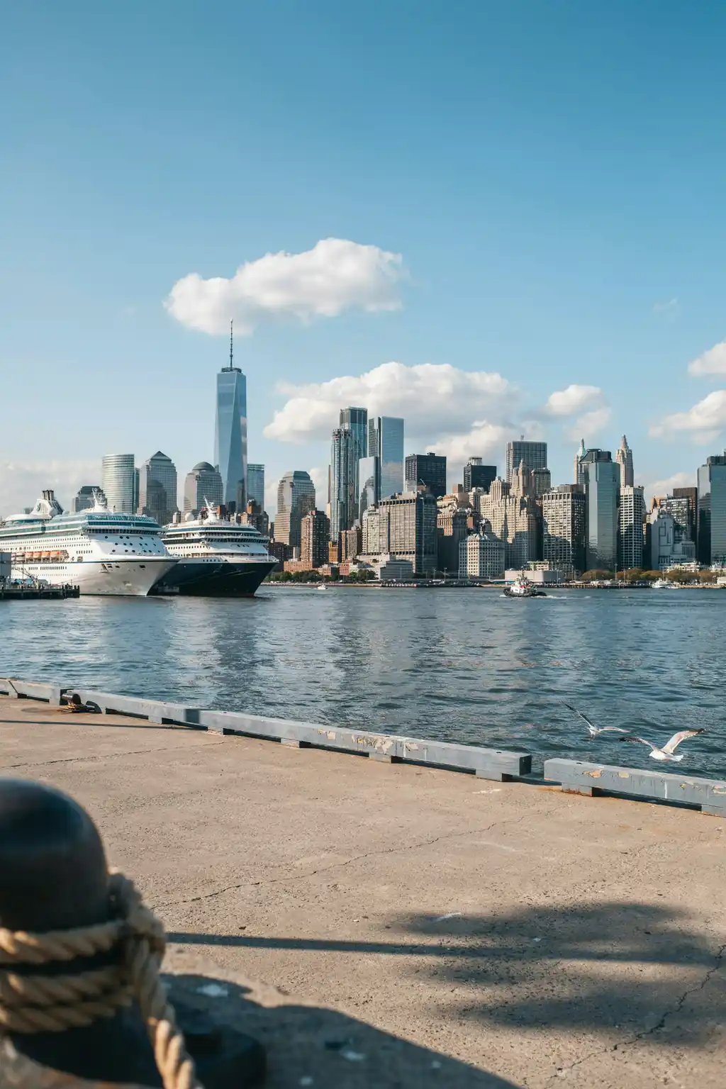 Waterfront cruise terminal at Bayonne with the Manhattan skyline visible across the harbour on a sunny day