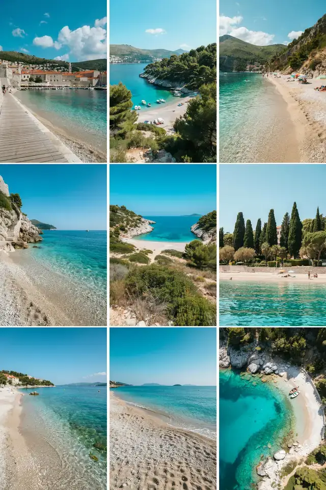 Collage of various beaches near Dubrovnik's Old Town with clear water and coastline