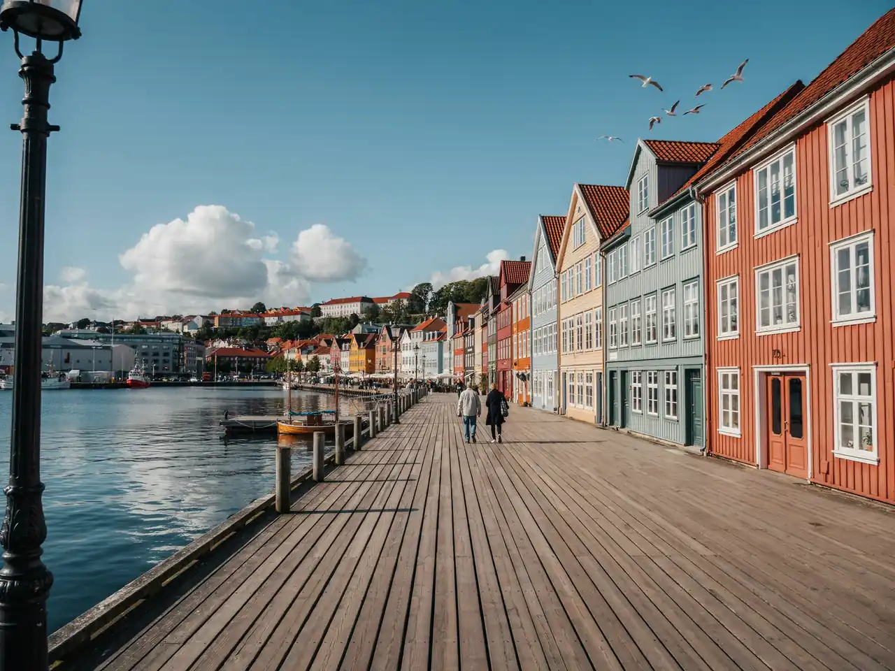 A harbourside promenade path in Bergen leading toward the colourful city centre buildings