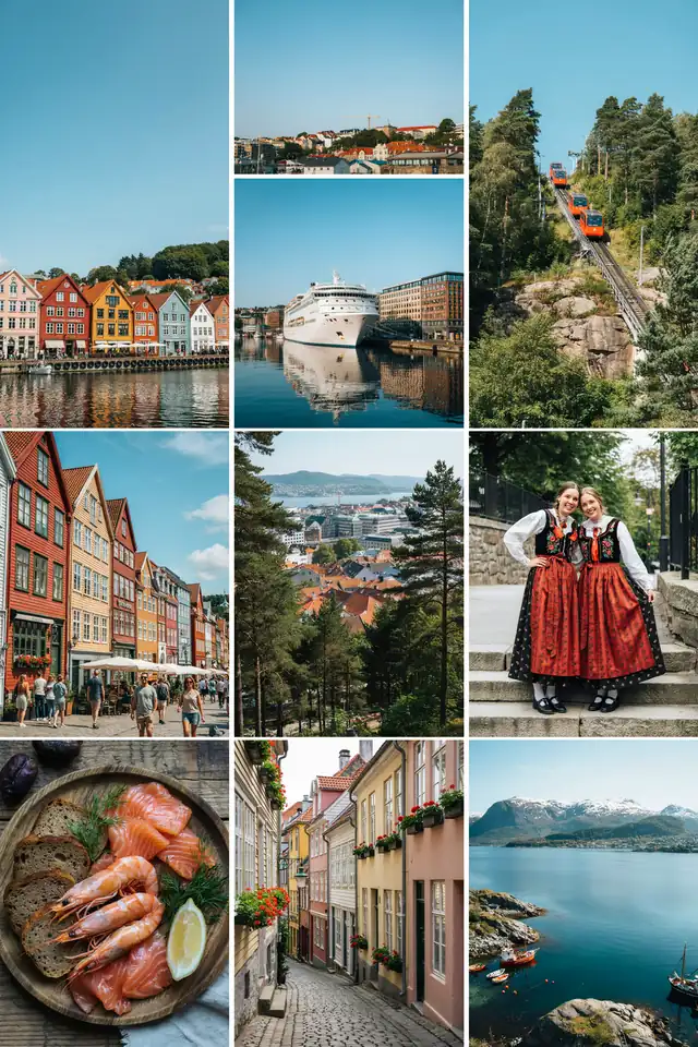 Collage of colourful images showing Bergen, Norway