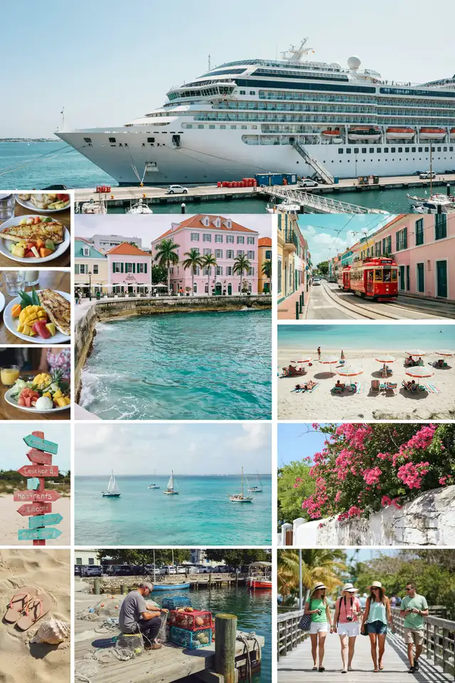 Collage of images showing Bermuda's harbour, pastel buildings, beaches and cruise ship port scenes