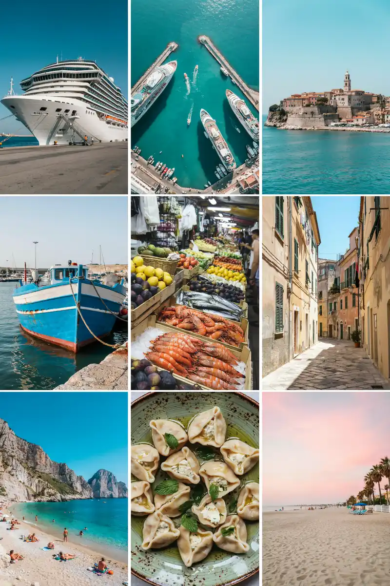 Collage of images showing Cagliari harbour, old town streets and coastal views