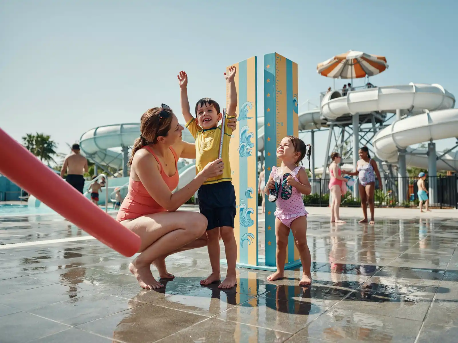 Children being measured against a height chart at a waterpark