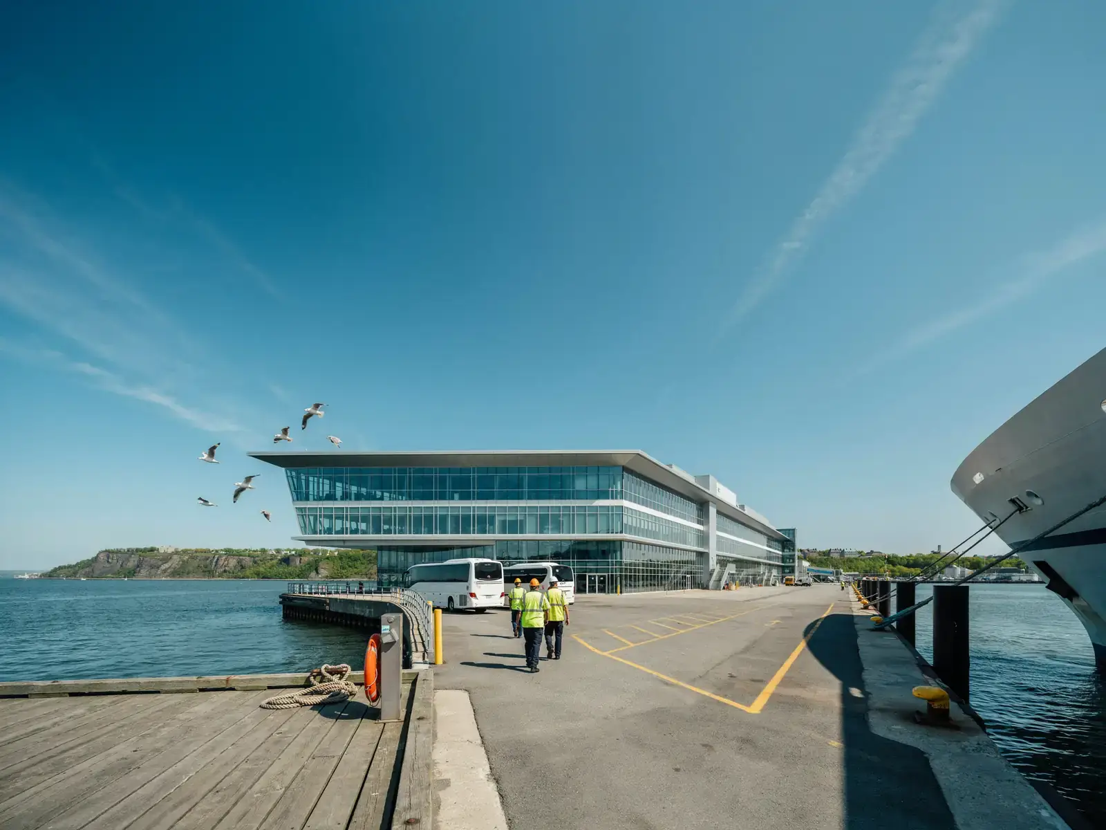 A cruise ship terminal building at the port in Quebec City on a sunny day
