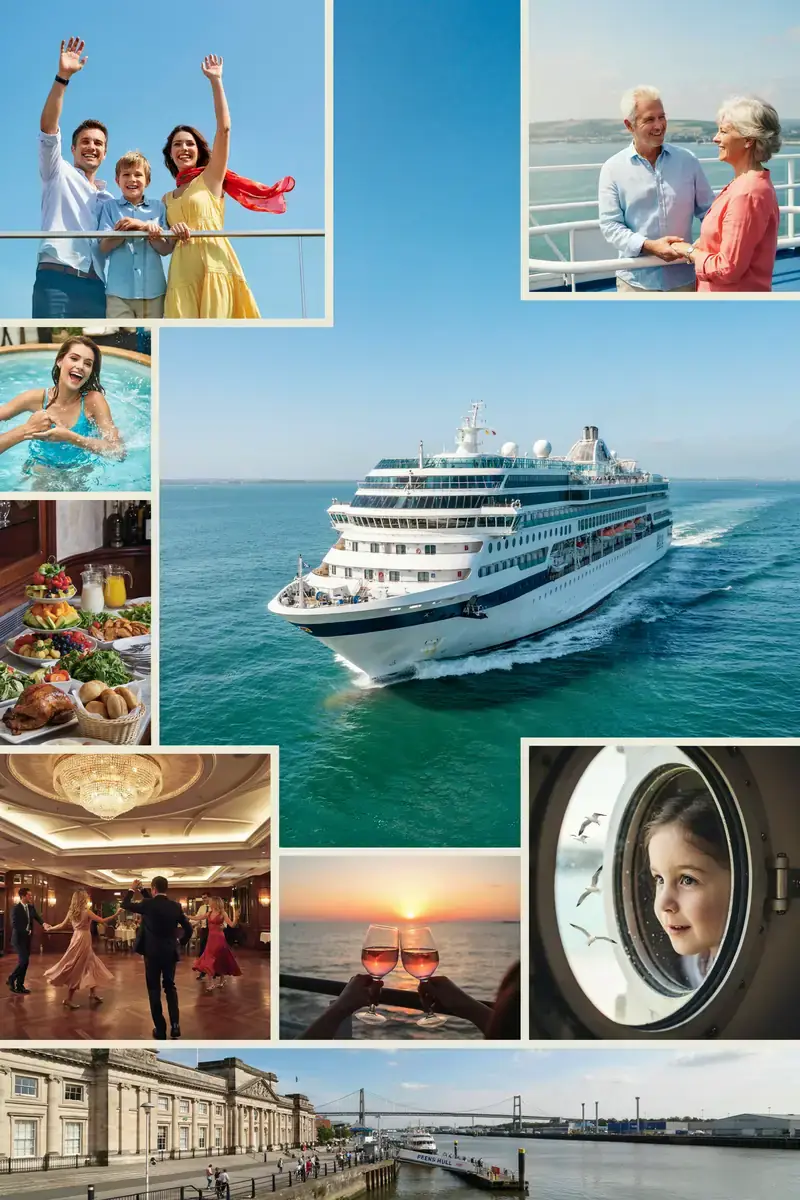 Collage of images showing cruise ships, the port of Hull and short break travel scenes on a sunny day