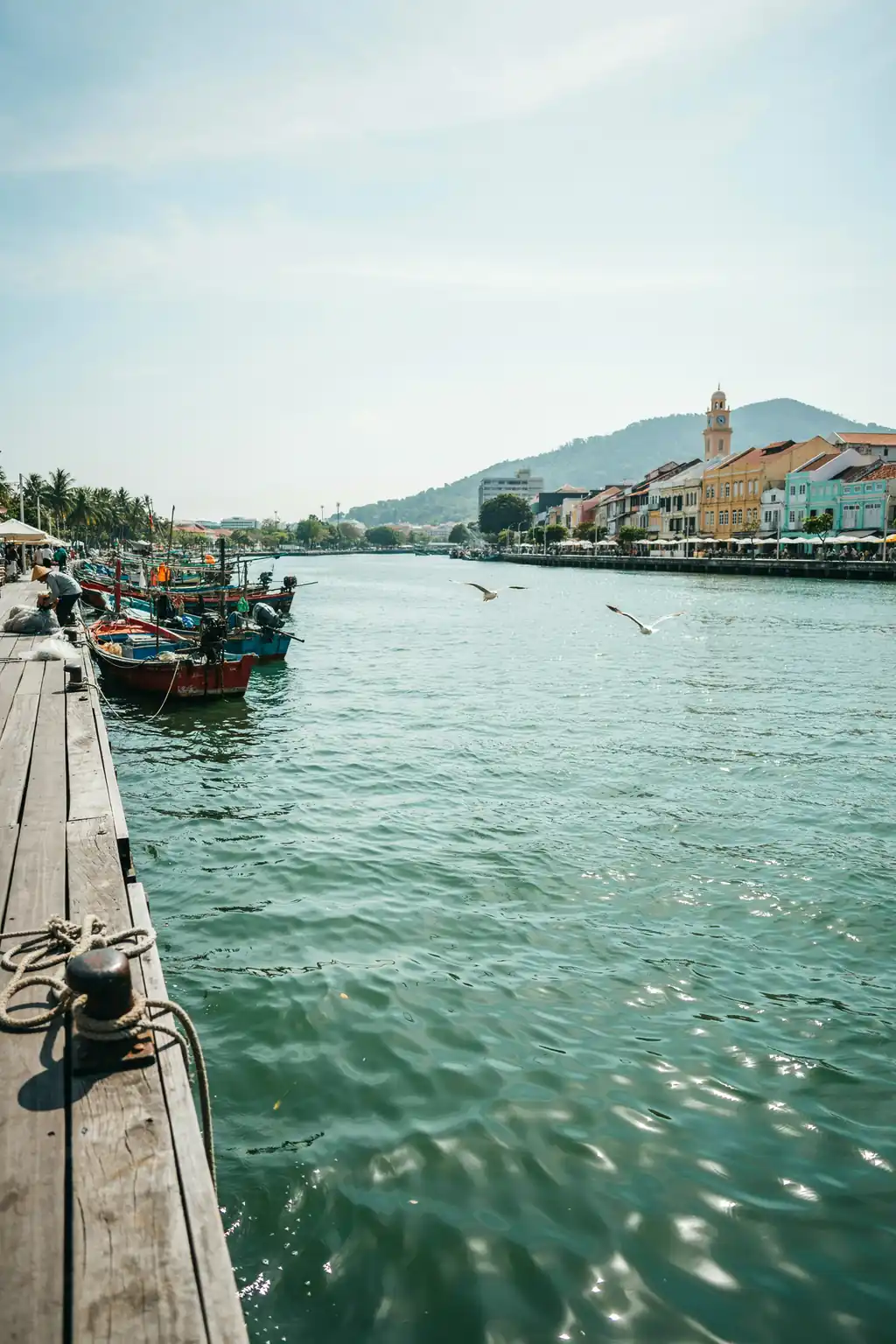 Turquoise harbour waters along the George Town coastline under a sunny sky