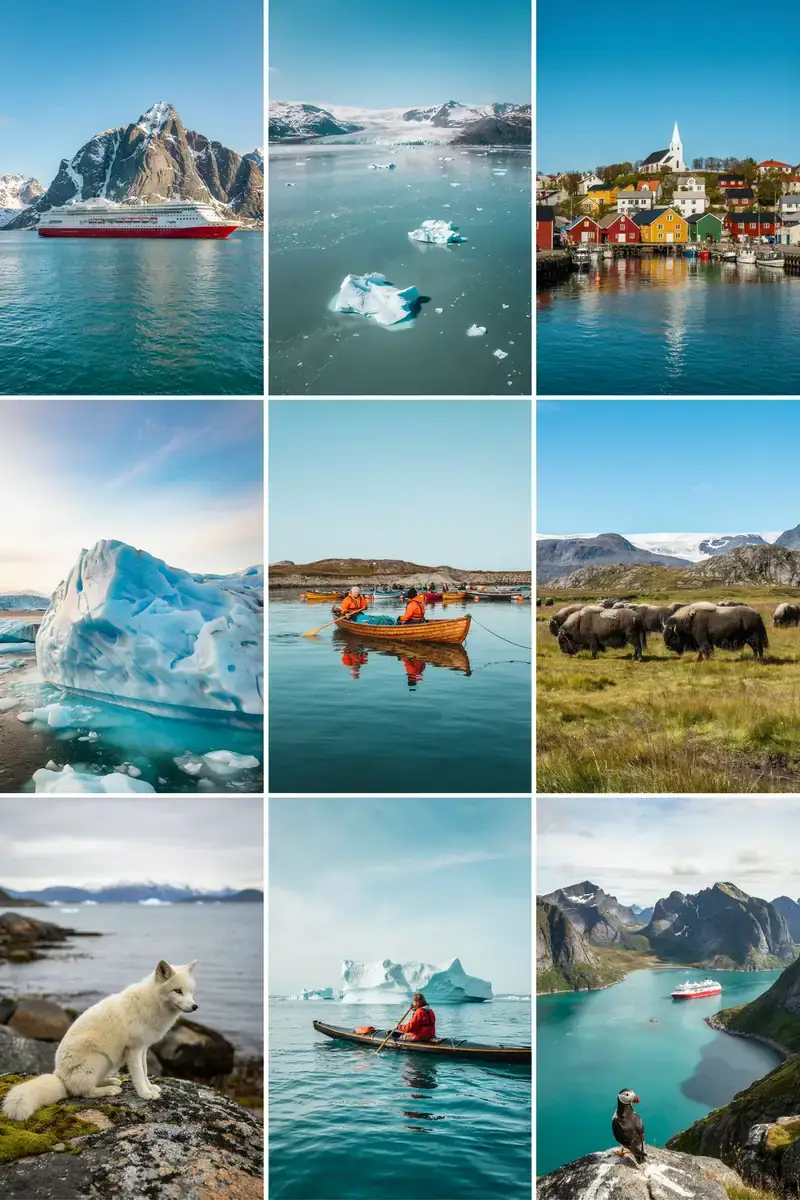 Collage of images showing Greenland cruise ship ports and coastal scenery