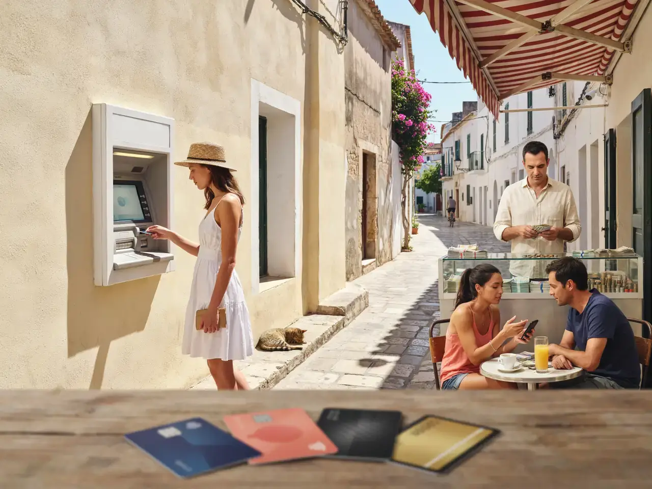 Street ATMs, a currency exchange booth and payment cards in Ibiza
