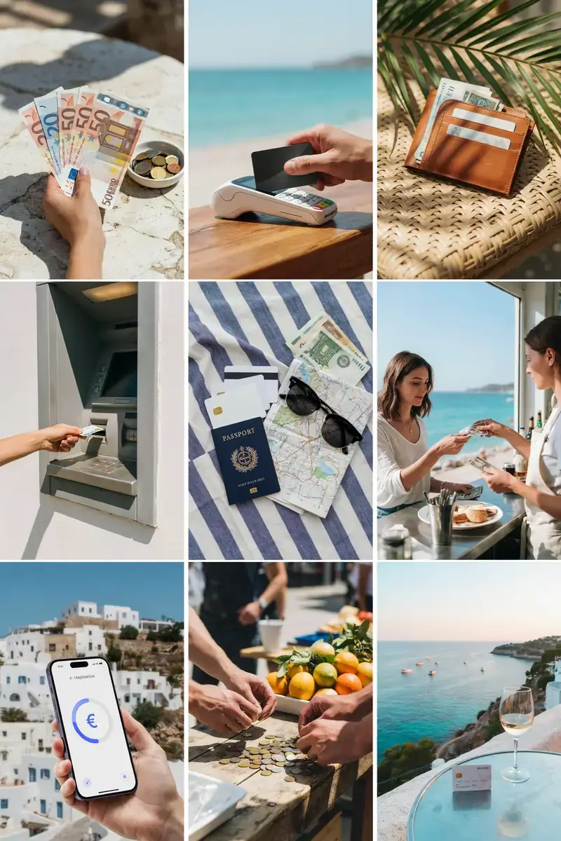 Collage of images showing Ibiza currency and payment cards