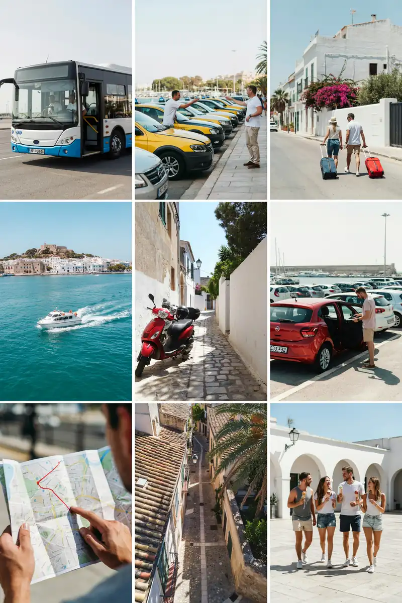 Collage of images showing various ways to travel from Ibiza port to Ibiza town, including taxis, buses and walking routes, on a sunny day