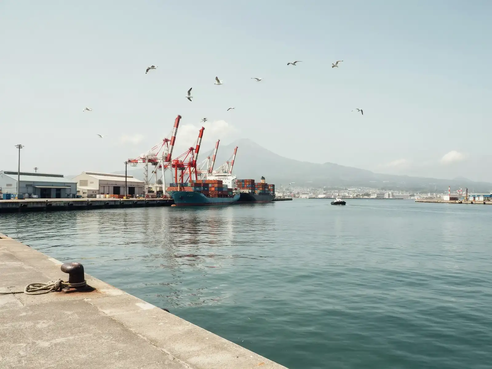 Harbourside view of Kagoshima port with multiple ship berths along the quay