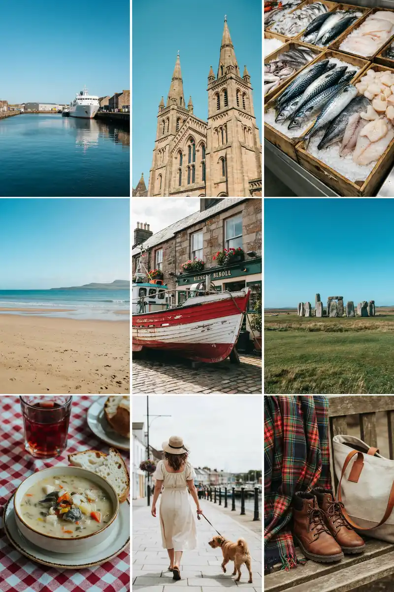 Collage of images showing Kirkwall, Scotland harbour, streets and landmarks