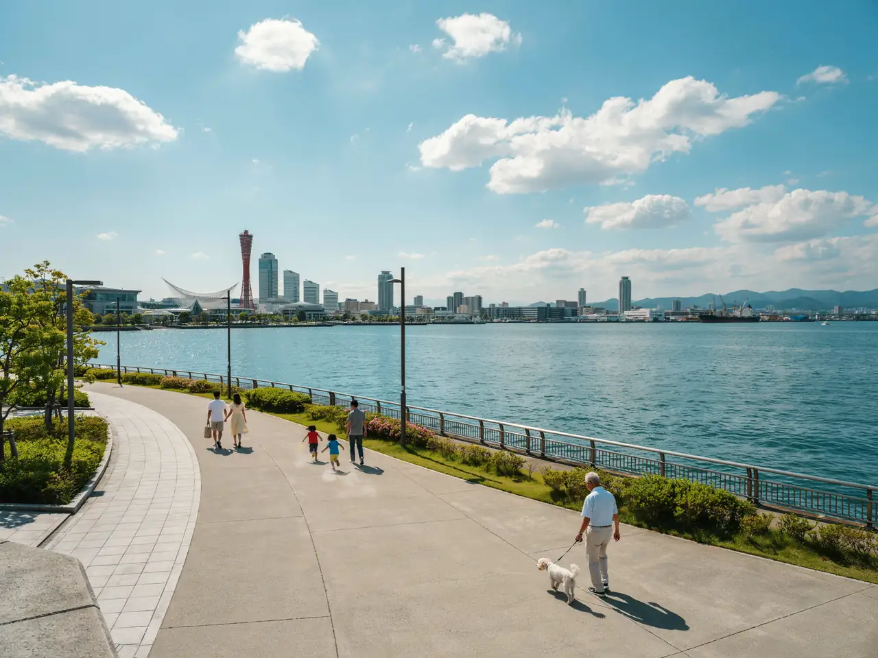 Harbourside park in Kobe with walking paths and city skyline in the background on a sunny day