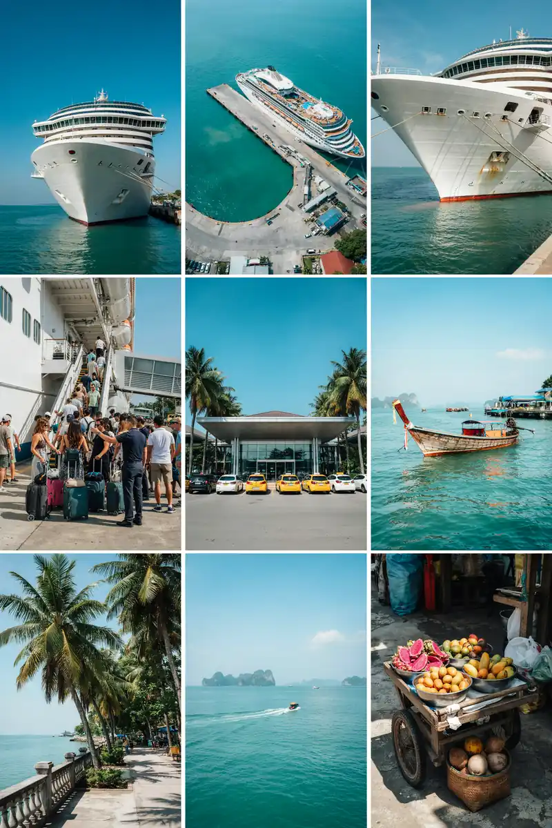 Collage of images showing Koh Samui harbour, beaches and coastal scenery