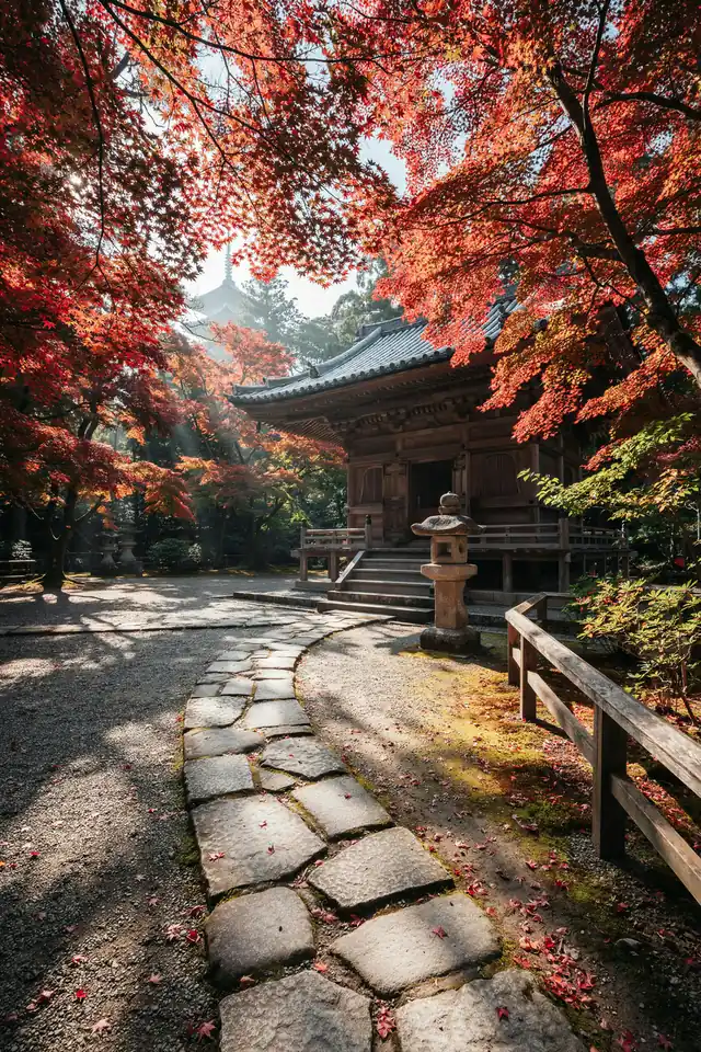 A traditional Kyoto temple surrounded by red and orange maple trees on a sunny day