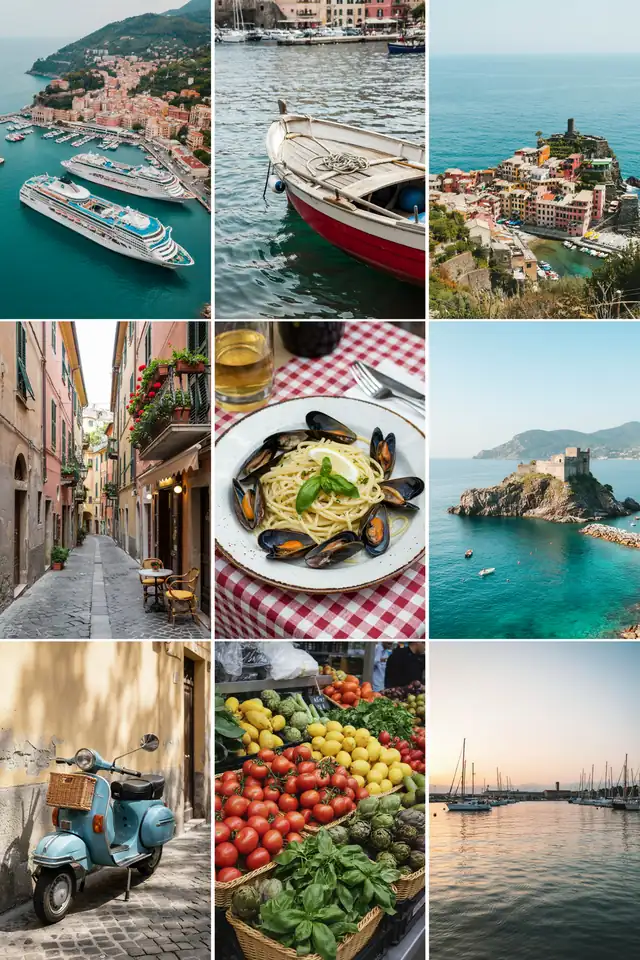 Collage of images showing La Spezia cruise port, harbour, streets and surrounding coastline