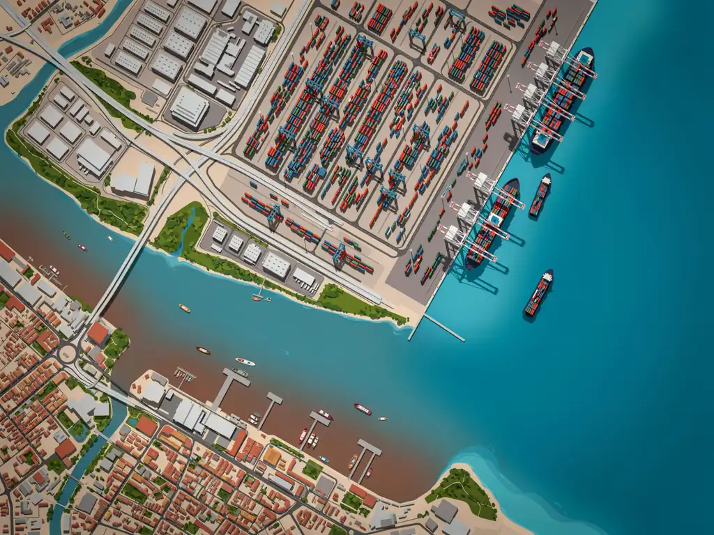 Aerial view of Laem Chabang port area and Bangkok's river terminals along the waterway