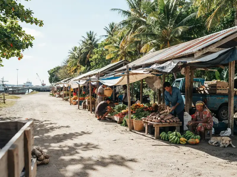 Market stalls and port facilities at Easo on Lifou Island, Loyalty Islands, under a sunny sky