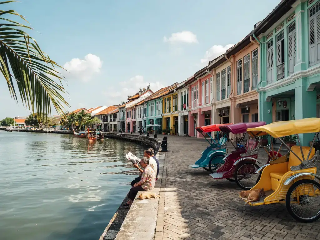 Riverside harbour in Malacca lined with colourful trishaws and colonial-era buildings