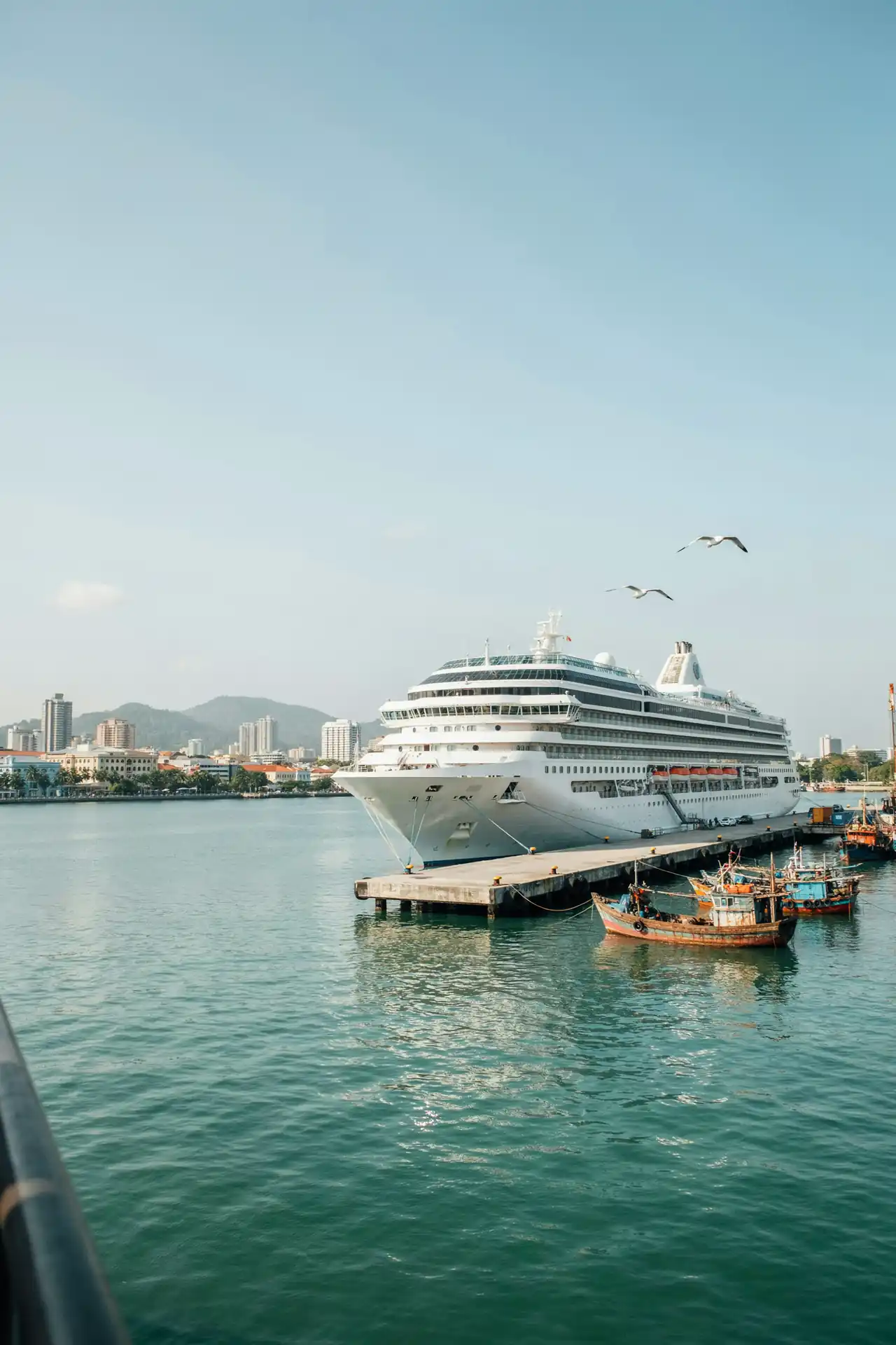 A cruise ship docked in a Malaysian harbour with coastal skyline in the background