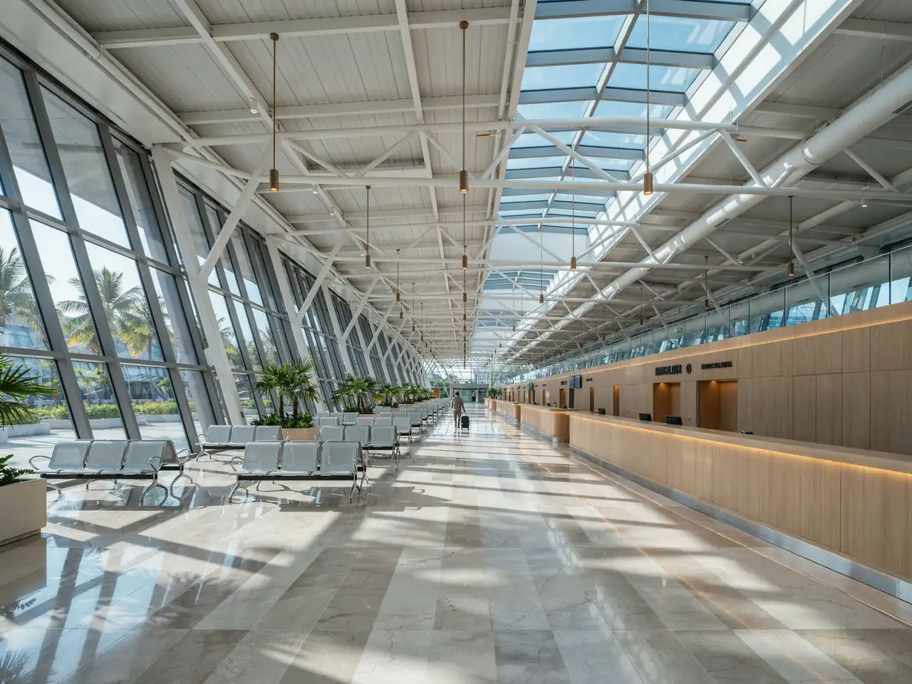 Interior view of the cruise terminal in Mangalore with seating areas and large windows