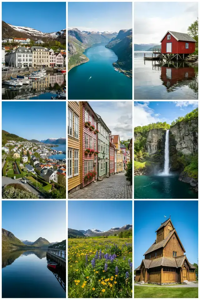 Collage of images showing Molde's fjord views and hidden gems on a sunny day
