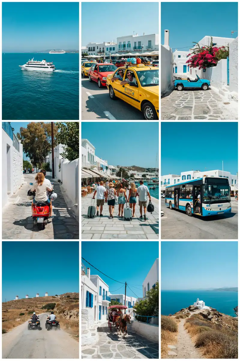 Collage of images showing various transport options around Mykonos near the cruise port