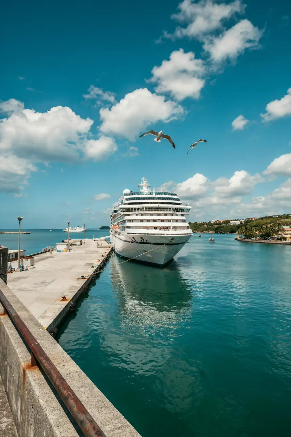 Cruise ship docked in Naha harbour with the Okinawa coastline in the background on a sunny day