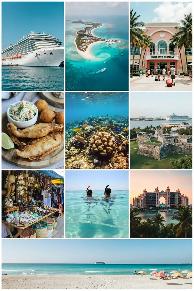 Collage of images showing the cruise port of Nassau, Bahamas