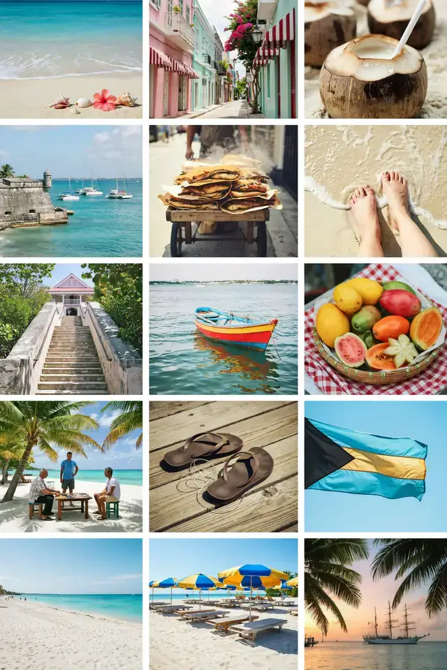 Collage of free and cheap activities and sights around Nassau on a sunny day
