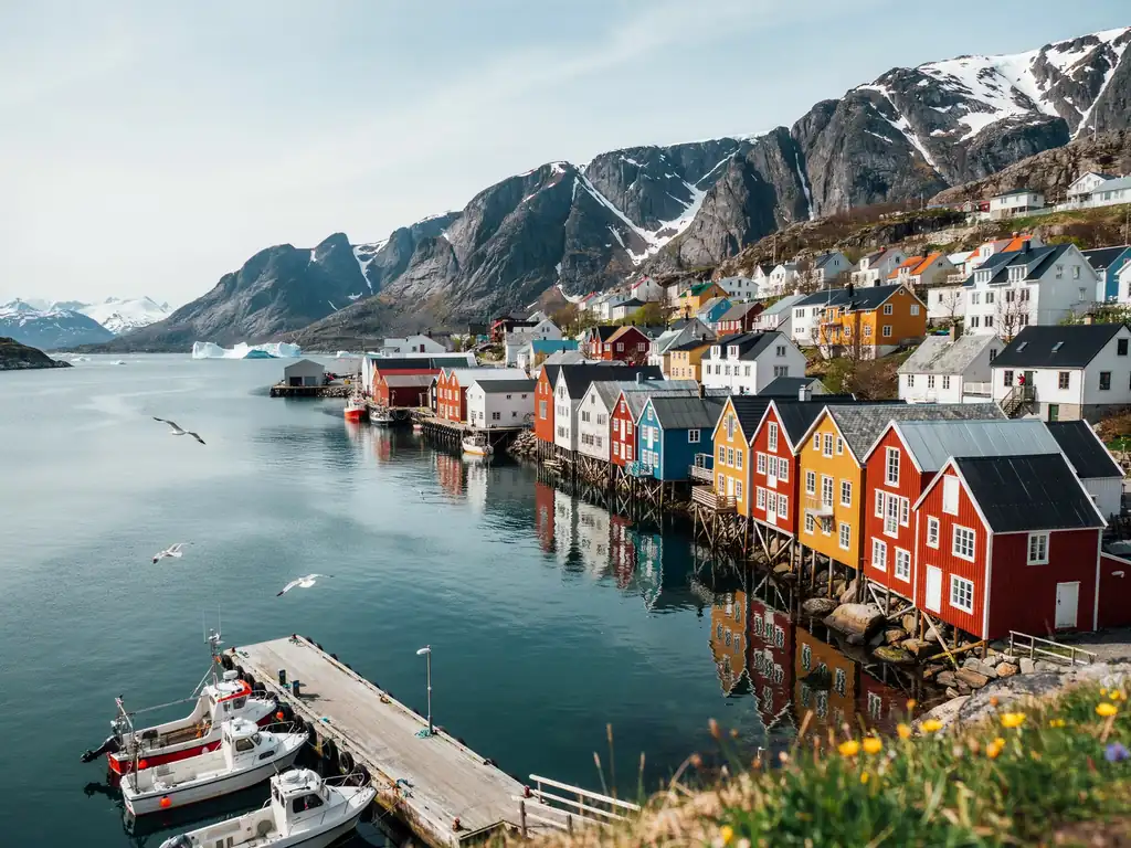 Nuuk harbour with colourful houses along the fjord in Greenland