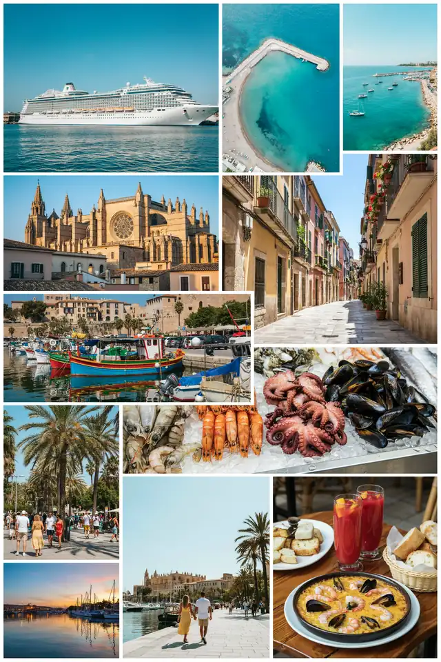 Collage of Palma de Mallorca harbour, cathedral, old town streets and beaches on a sunny day