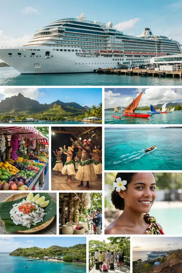 Collage of Papeete, Tahiti harbour scenes, markets, beaches and lagoon views under a sunny sky