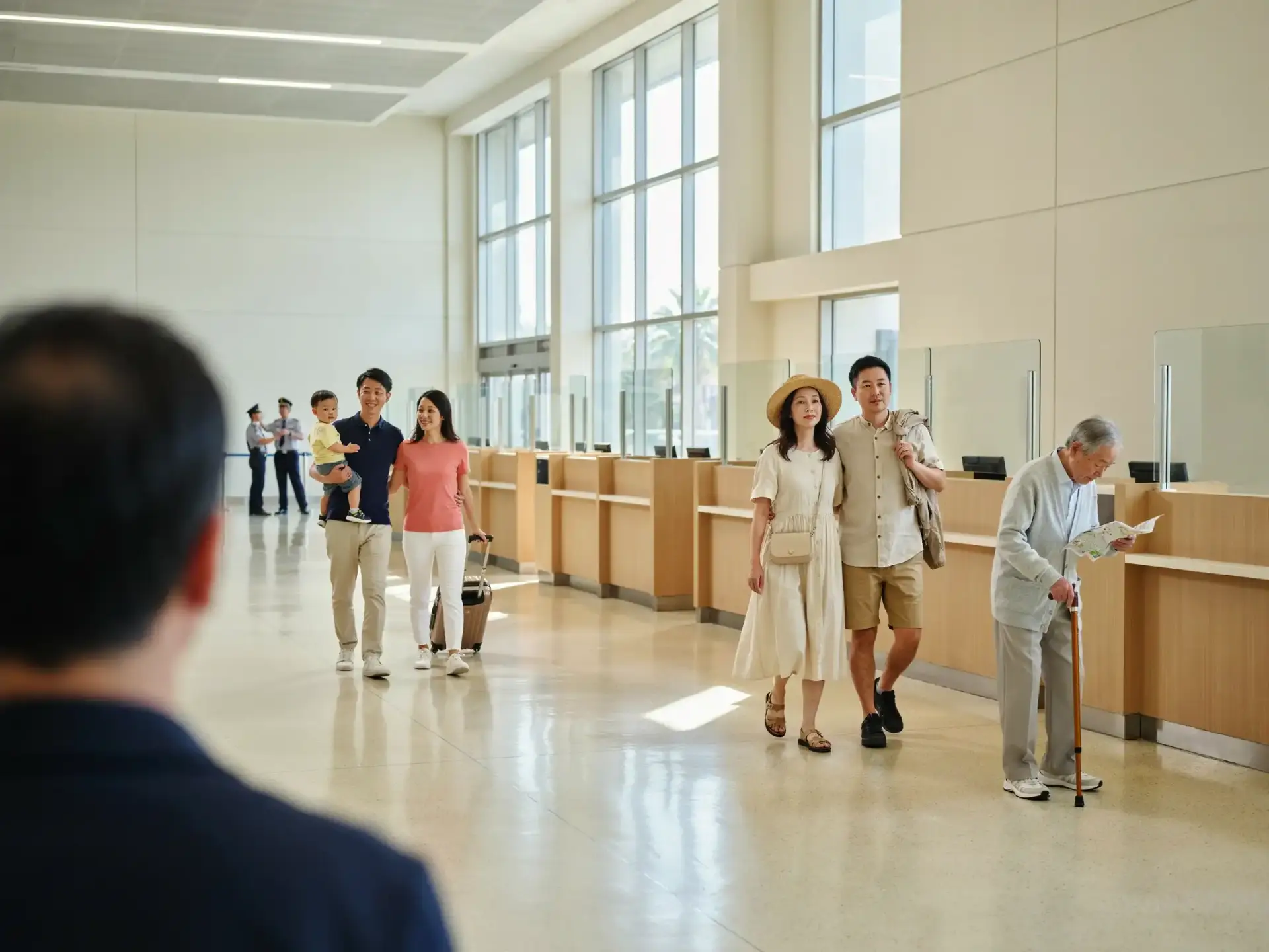 Cruise passengers walking through an immigration hall at Jeju Island port