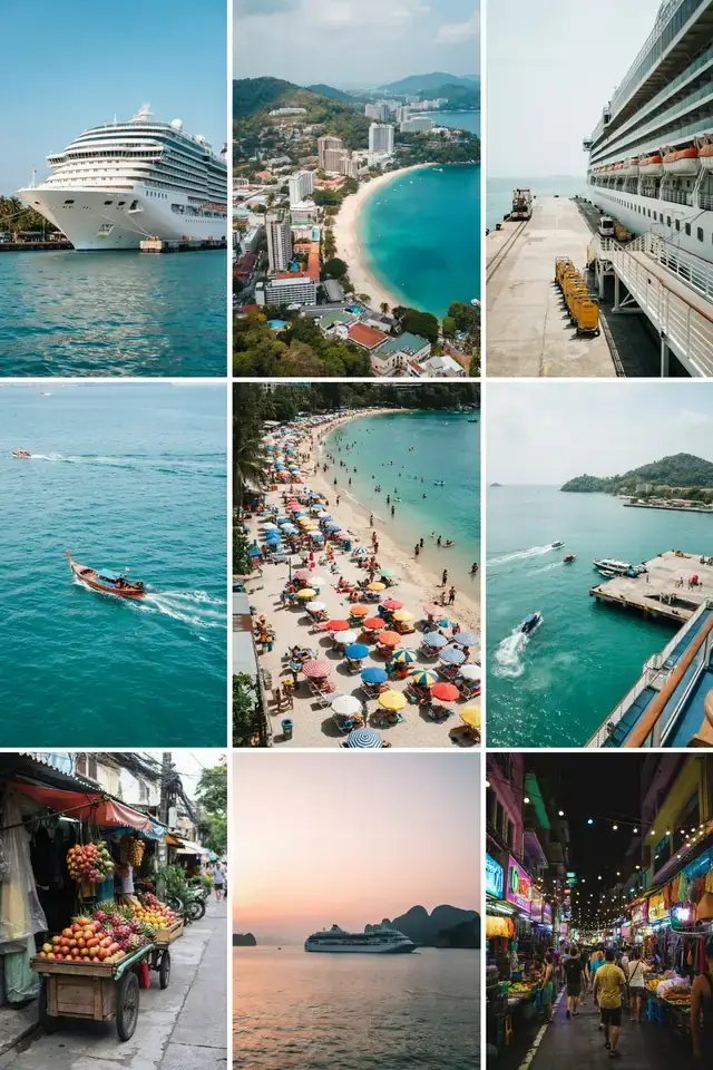 Collage of images showing Phuket's Ao Makham port and Patong Bay harbour