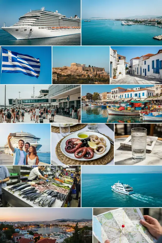 Collage of images showing Piraeus cruise port and Athens harbour scenes