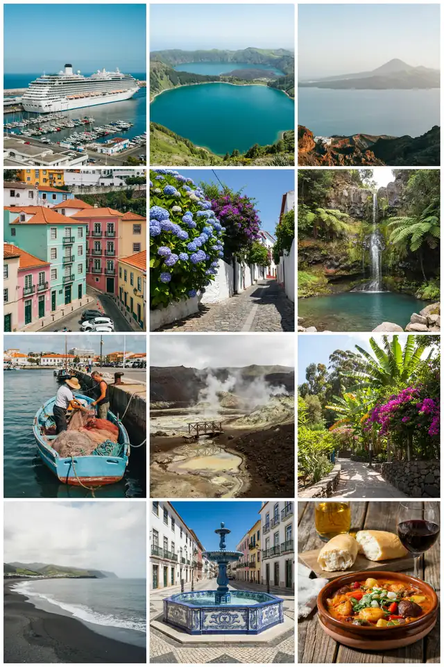 Collage of images showing Ponta Delgada and São Miguel Island harbour, streets, and landscapes