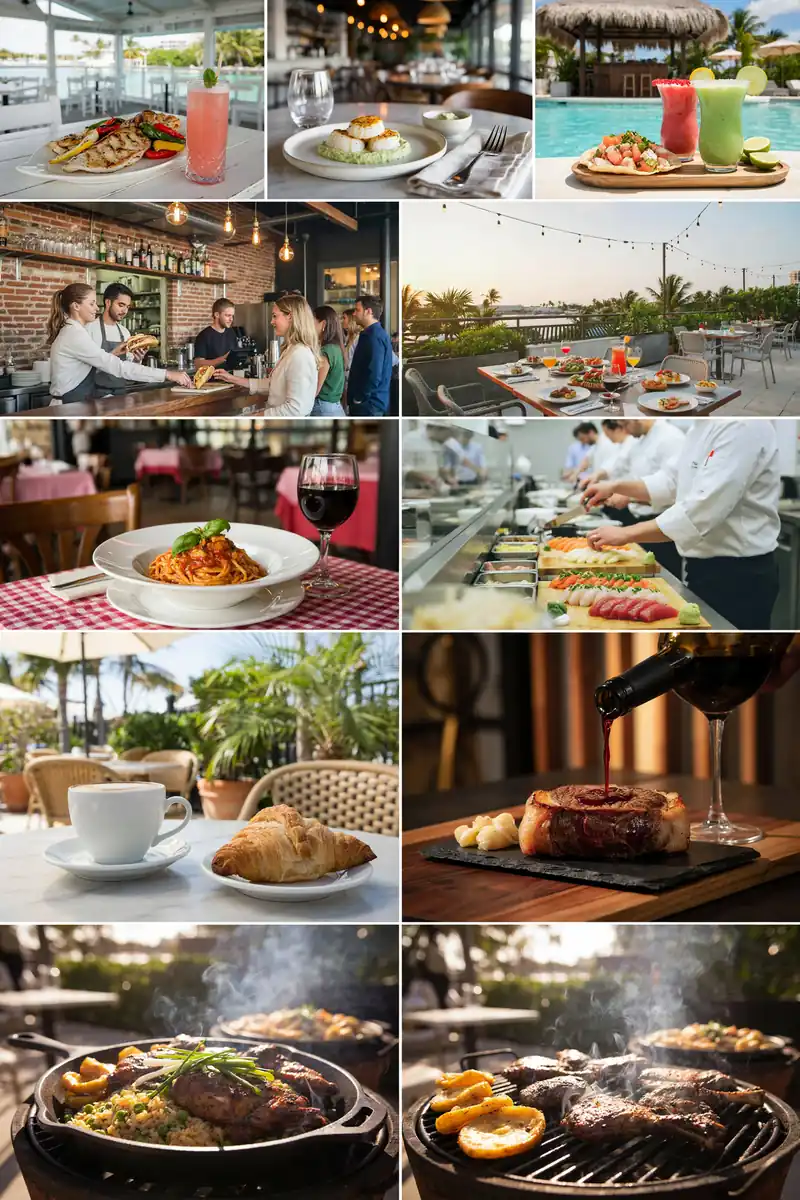 Collage of various dining spots and food at PortMiami terminals