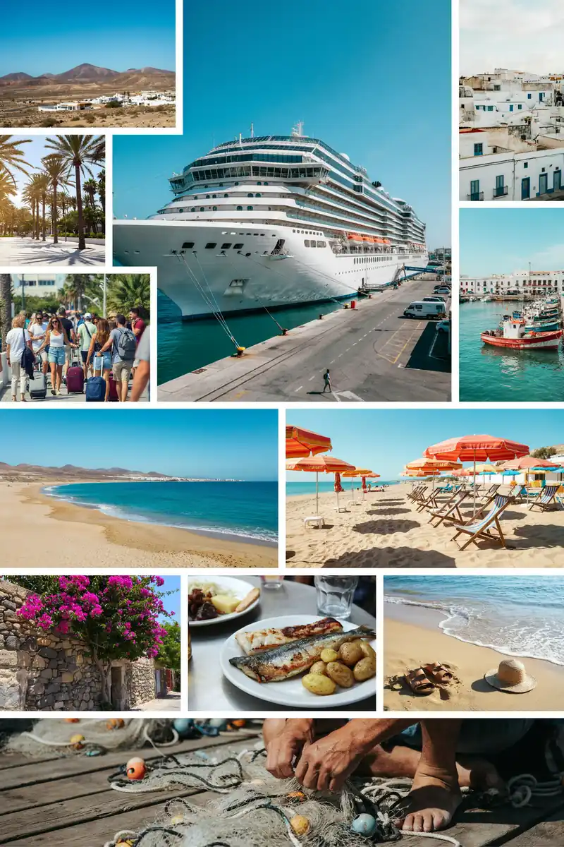 Collage of images showing Puerto del Rosario in Fuerteventura, including harbour, beaches and town streets on a sunny day