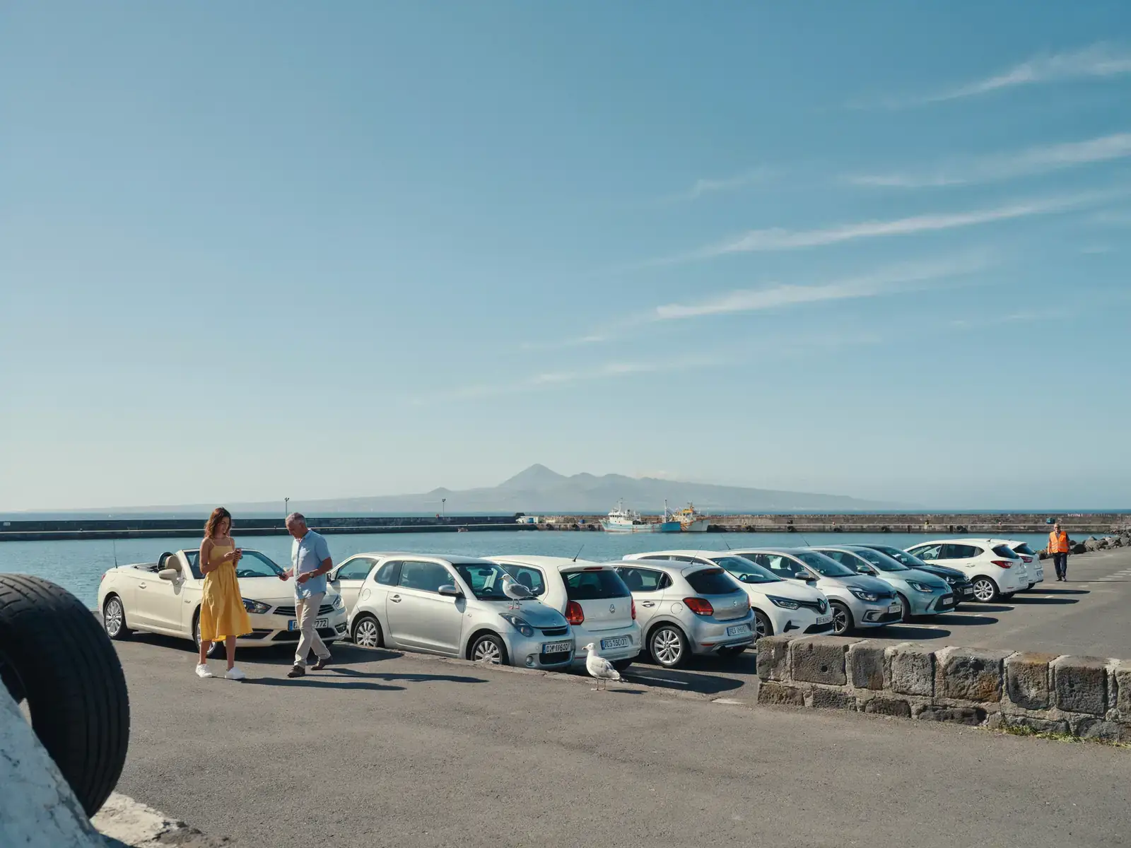 Rental cars parked in a row at the Ponta Delgada cruise port on São Miguel island