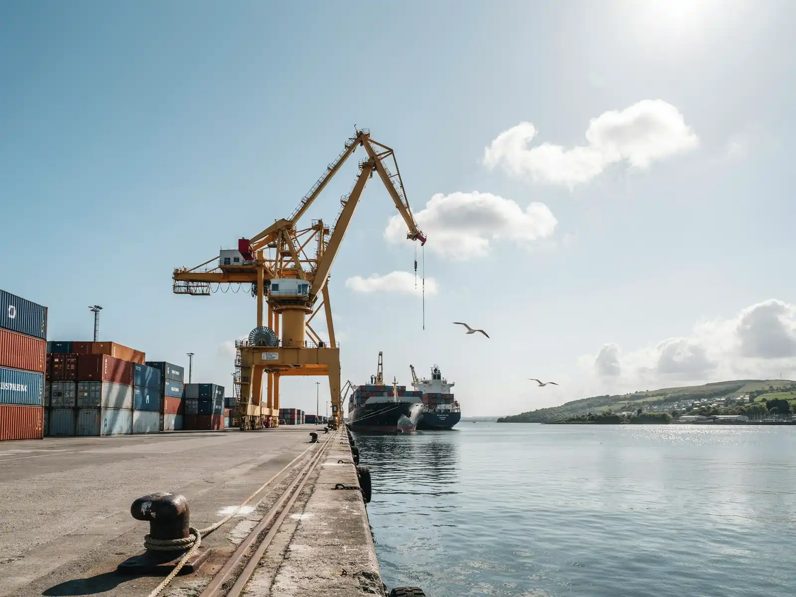 Deep-water terminal at Ringaskiddy on Cork harbour under a sunny sky