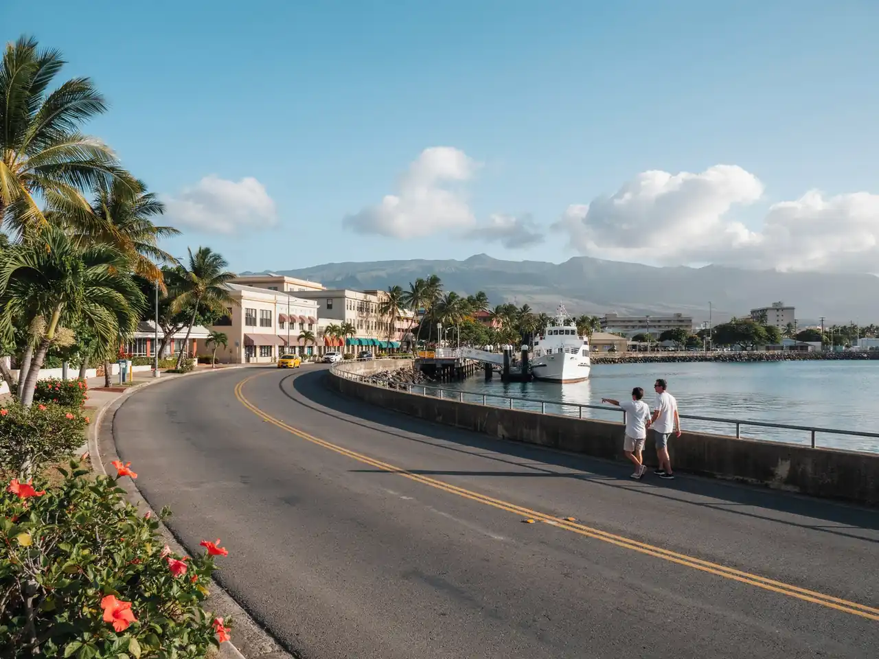 Road leading from the cruise pier towards downtown Hilo on a sunny day