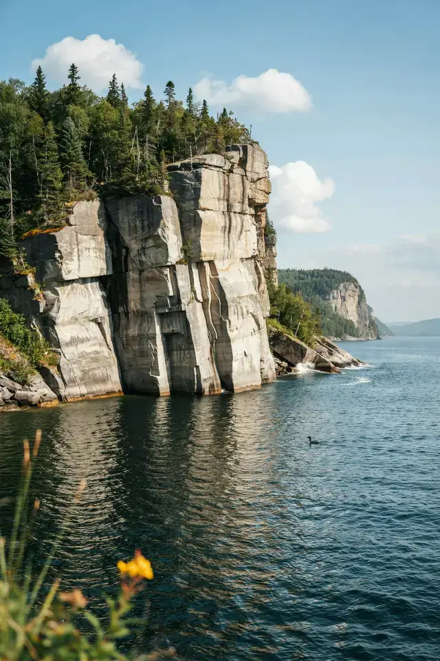 Steep fjord cliffs rising above the Saguenay River in Quebec on a sunny day