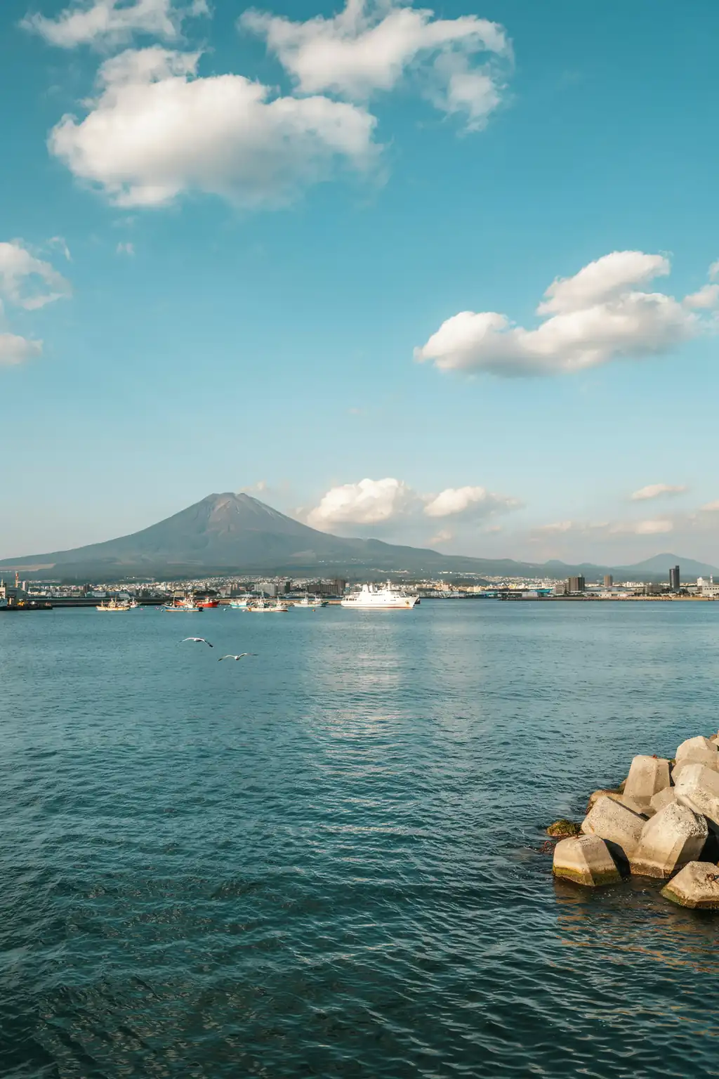 View of Sakurajima volcano rising above Kagoshima harbour on a sunny day
