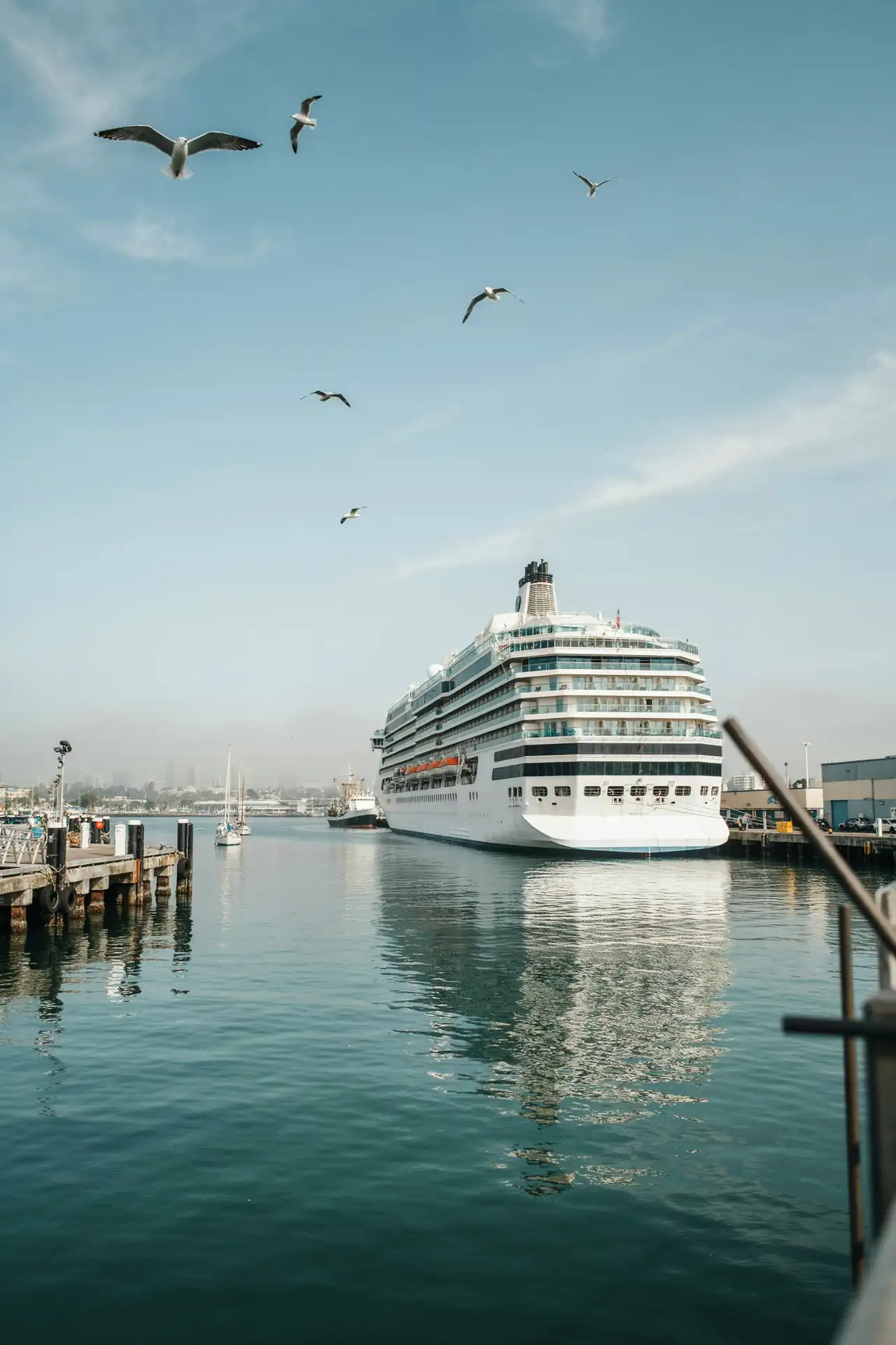 San Diego harbour with a cruise ship docked at the port on a sunny day