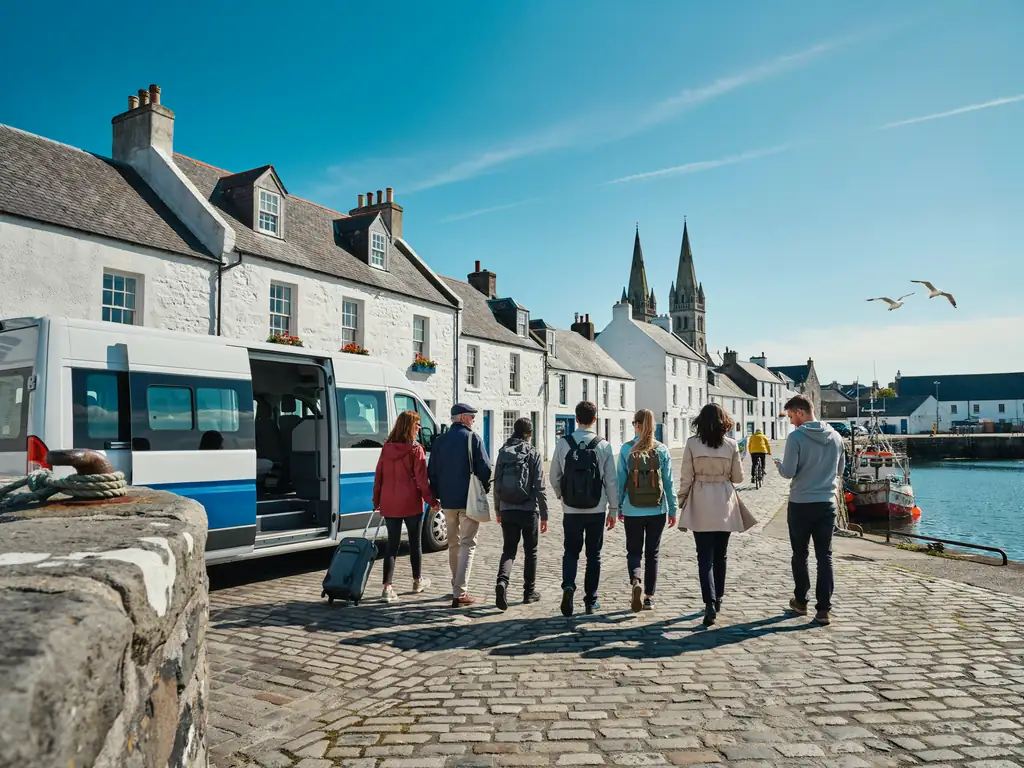 Shuttle bus parked with passengers walking towards Kirkwall town centre