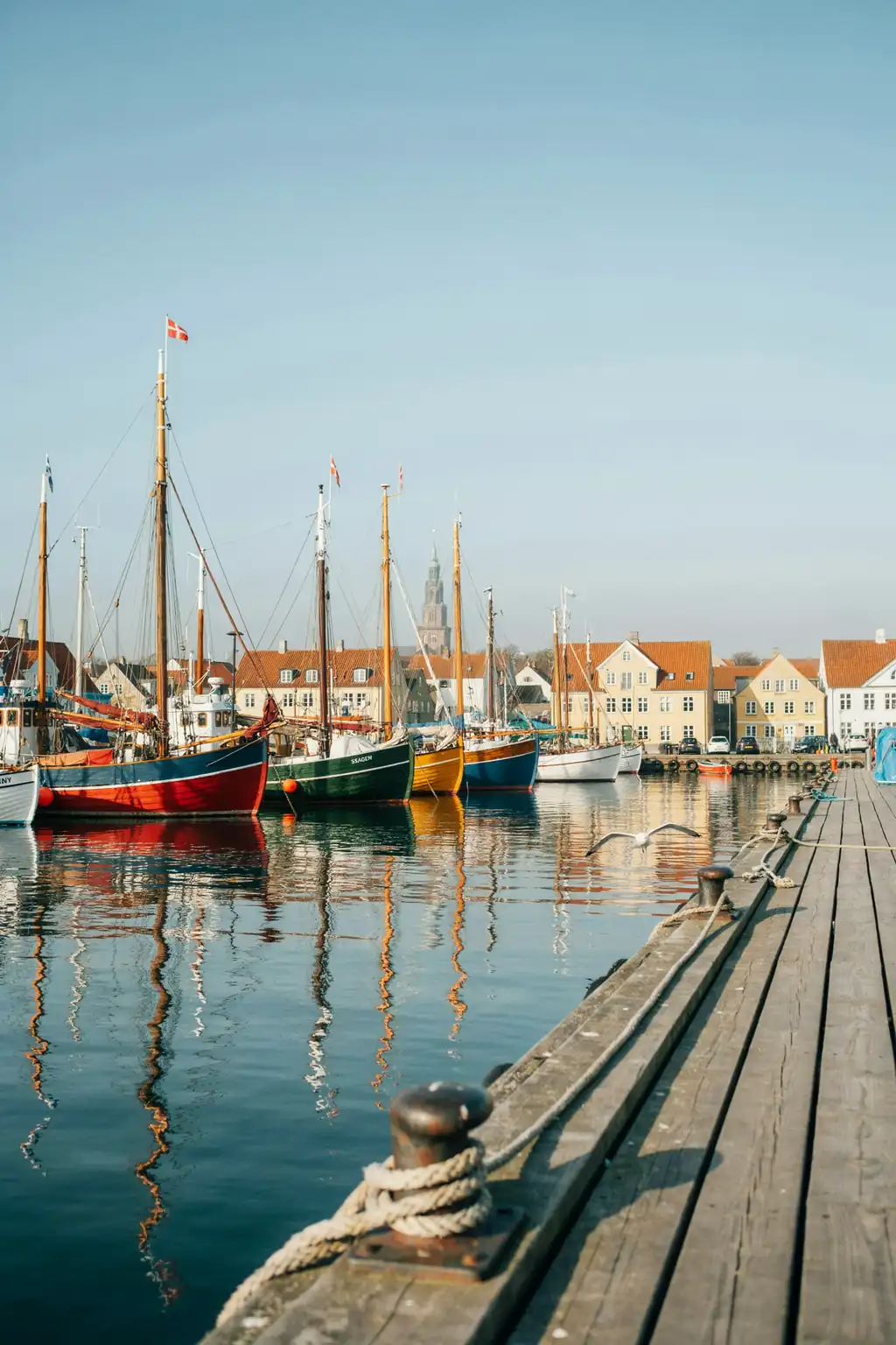 Colourful fishing boats moored in Skagen harbour on a sunny day