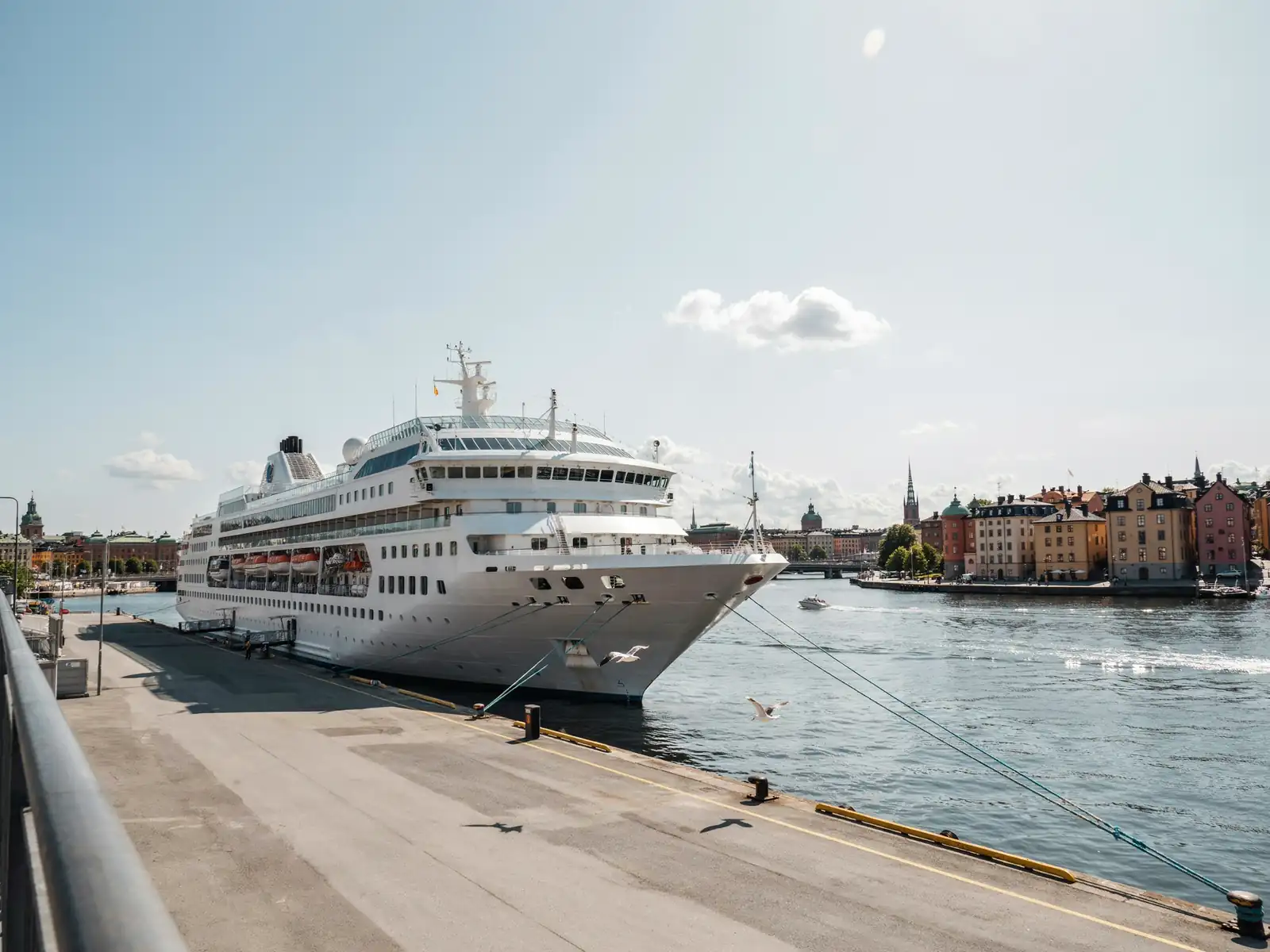 Cruise ship docked at Stockholm harbour on a sunny day