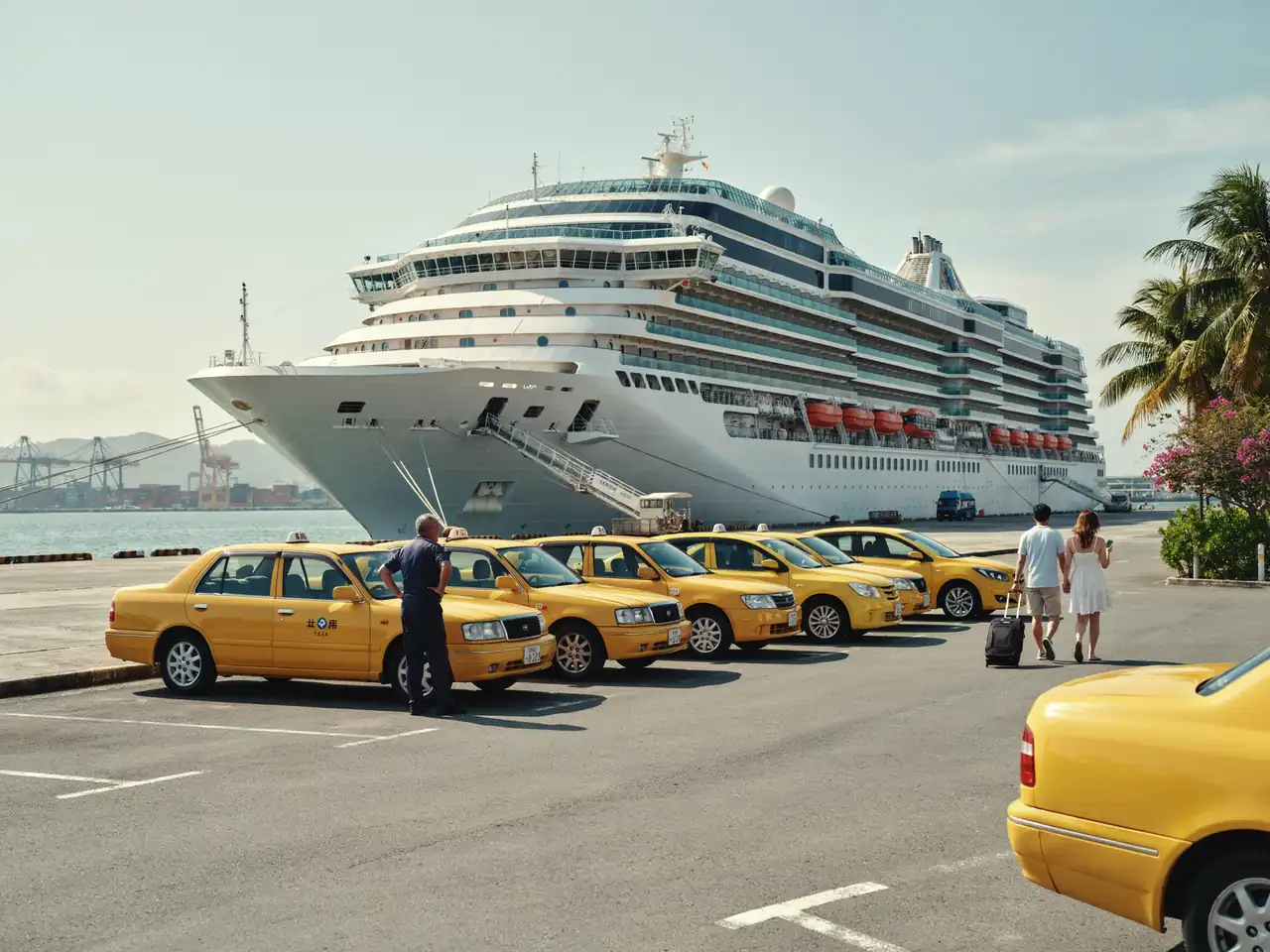 A row of taxis waiting at a pier-side rank near a cruise ship berth in Naha, with the harbour visible behind on a sunny day.